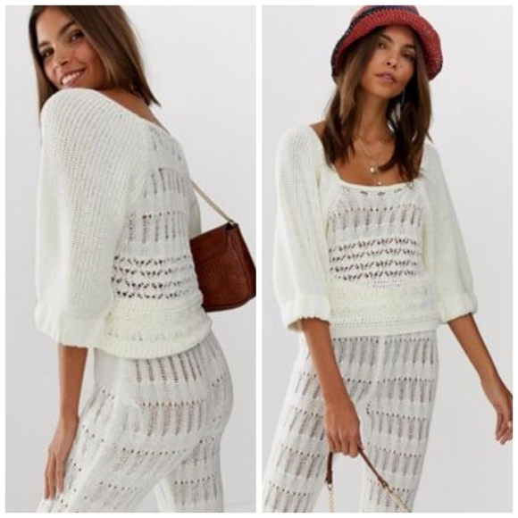 NEW! asos Crochet Open Knit Short Puff Sleeve Square Neck Sweater Off White - Picture 1 of 9